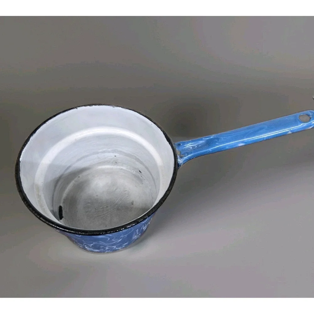 Vintage Blue White Swirl Graniteware Enamel Saucepan Nesting Pot Set of 2 +Spoon